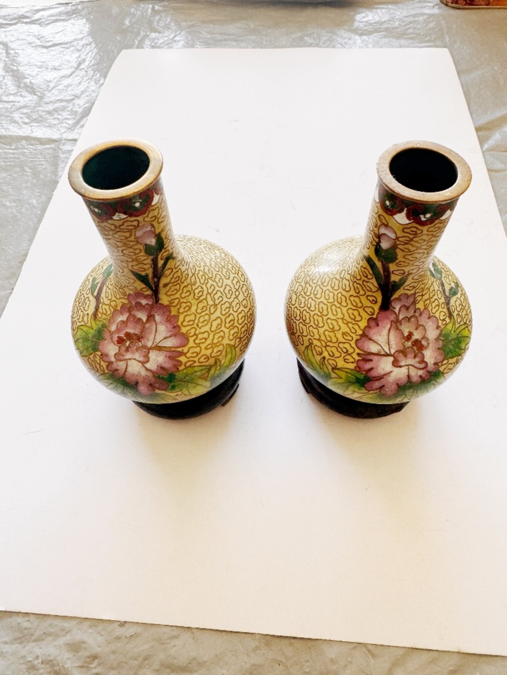 Vintage 1970s Chinese Cloisonne Brass Vases Pair 4" Yellow Enamel Peony Flower
